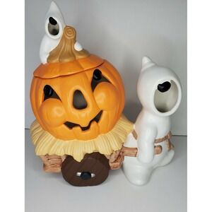Large Ceramic Jack-O-Lantern Ghost Hay Rack Halloween Candle Holder